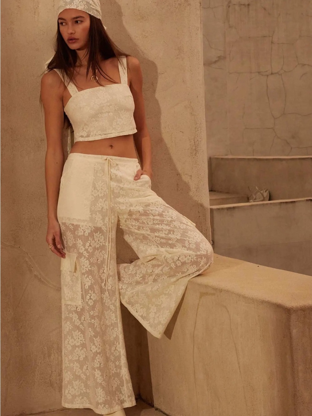 Promesa Breathe Floral Lace Tank and Pant Set, Size Medium